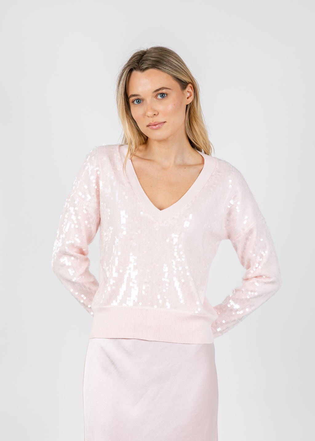 J Society Raelyn Sequin V-Neck Sweater in Blush available at Barbara Katz