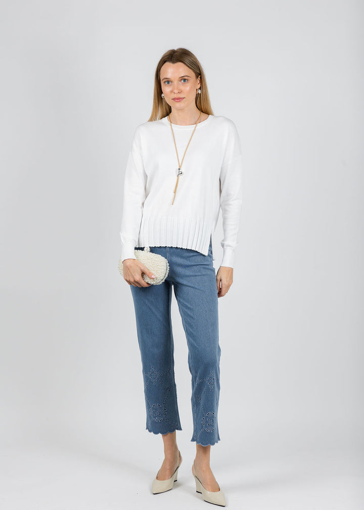 J Society Rib Bottom Crew Sweater in White paired with Lysse Billie Eyelet Straight Denim in Bleached Blue available at Barbara Katz