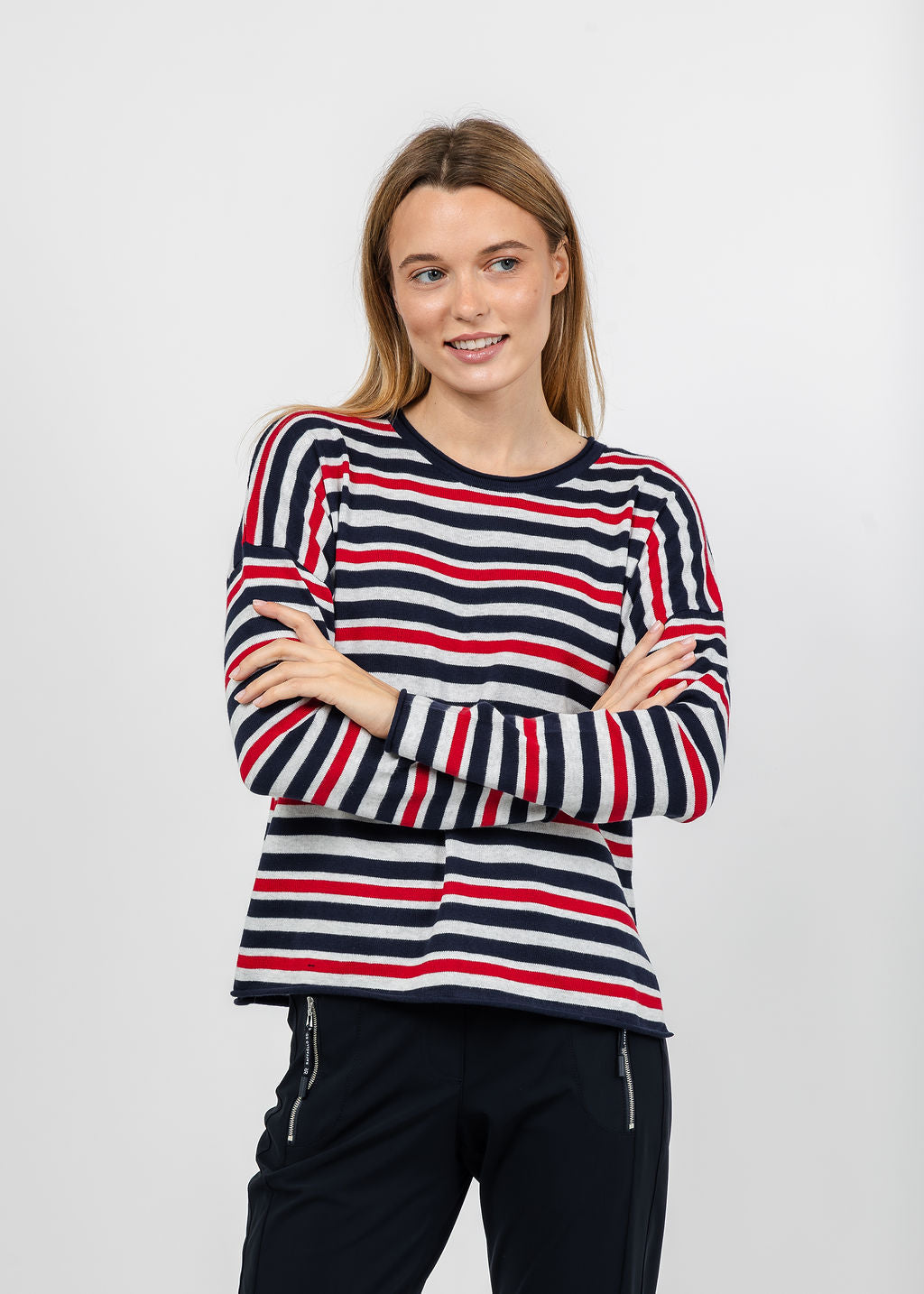 J Society Roll Neck Stripe Crew Sweater in Navy Combo available at Barbara Katz