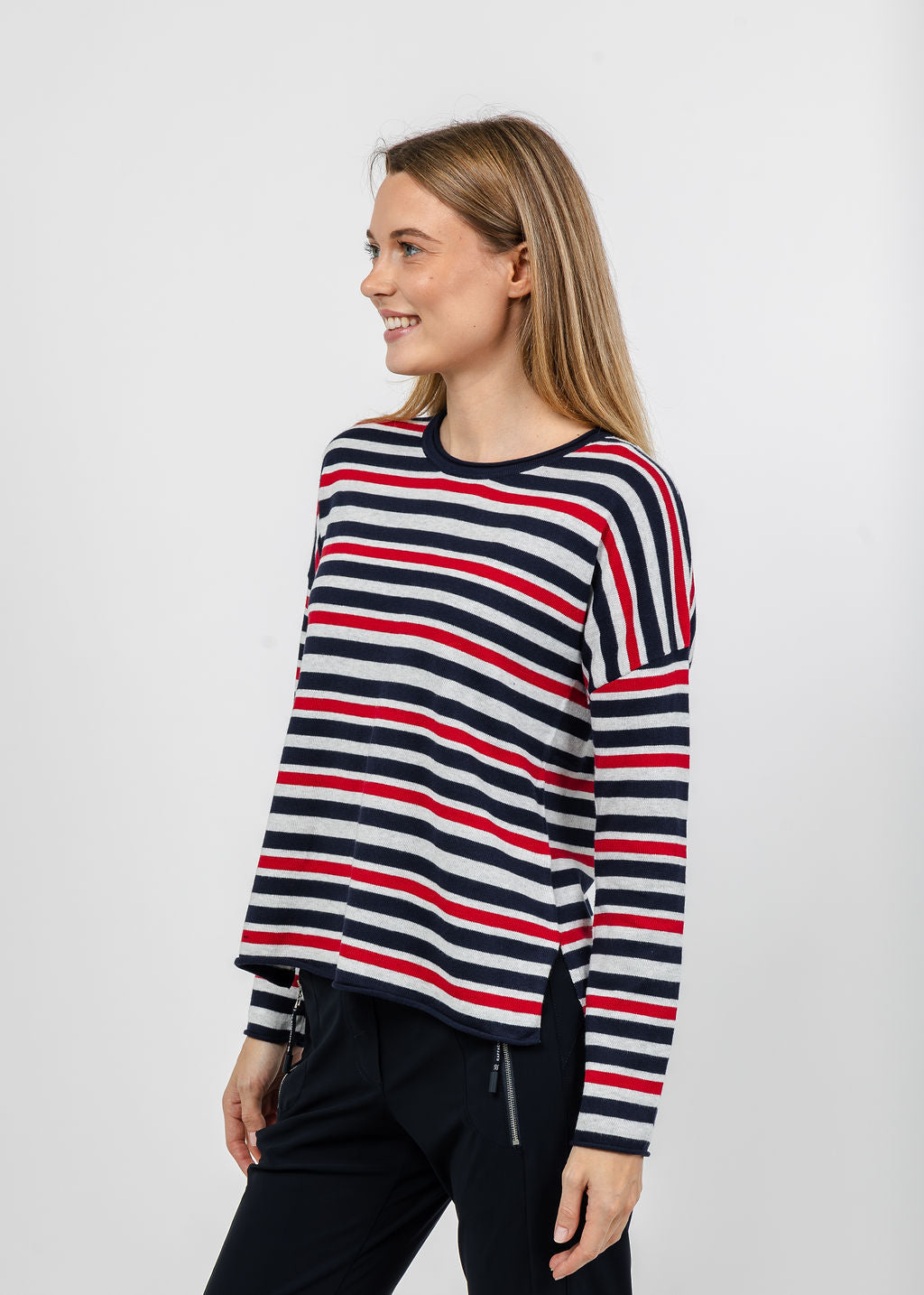 J Society Roll Neck Stripe Crew Sweater in Navy Combo available at Barbara Katz
