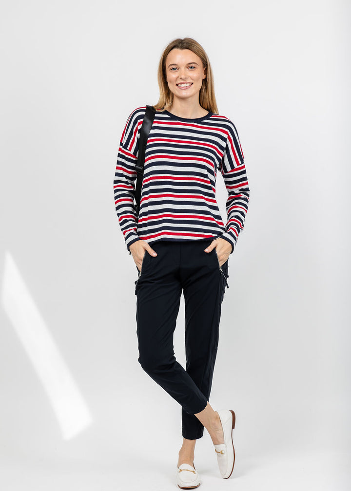 J Society Roll Neck Stripe Crew Sweater in Navy Combo paired with Raffaello Rossi Candy Pants in Black available at Barbara Katz