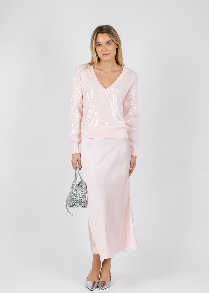 J Society Raelyn Sequin V-Neck Sweater in Blush paired with J Society Satin Long Skirt in Blush available at Barbara Katz