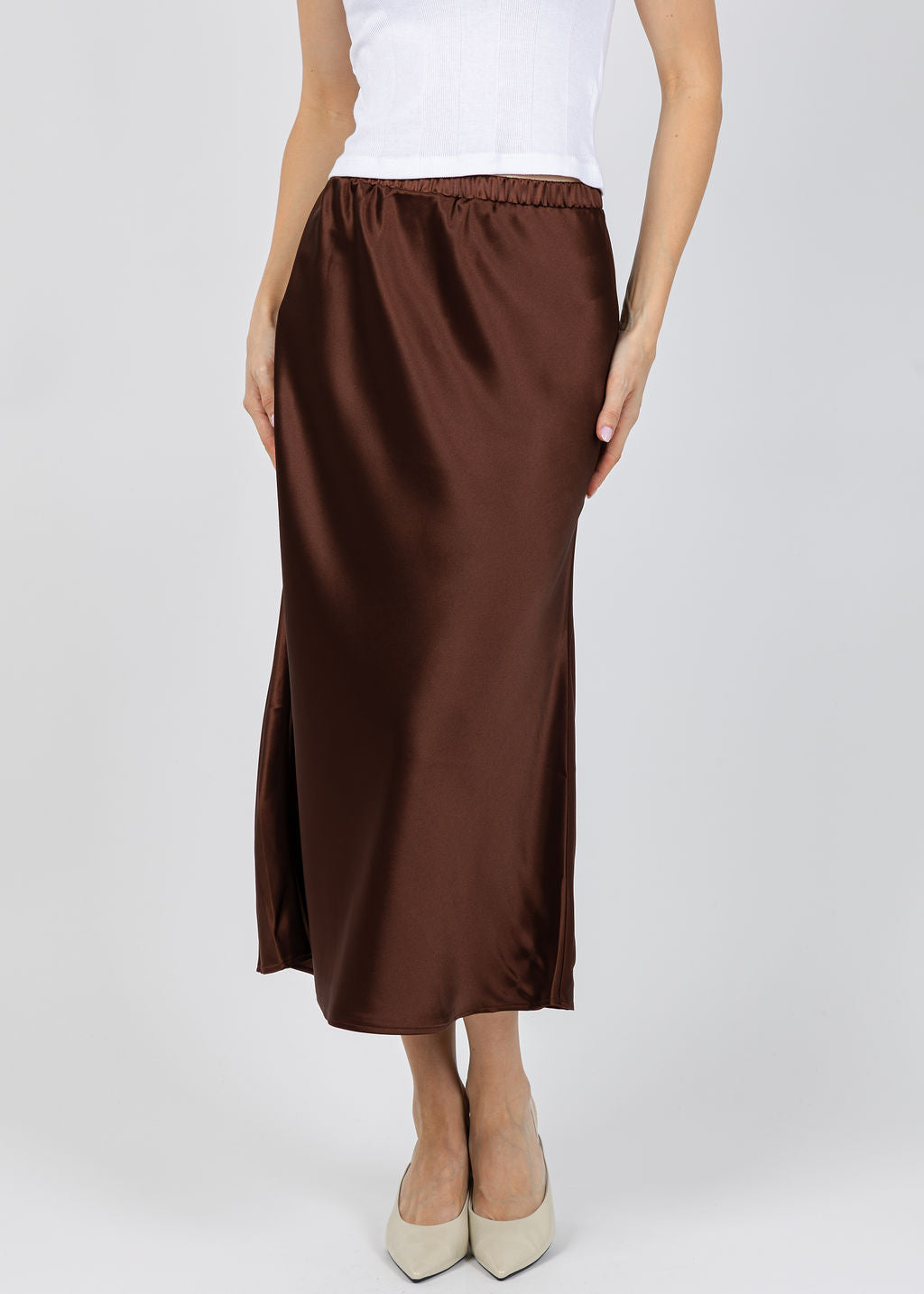 J Society Satin Long Skirt in Chocolate available at Barbara Katz