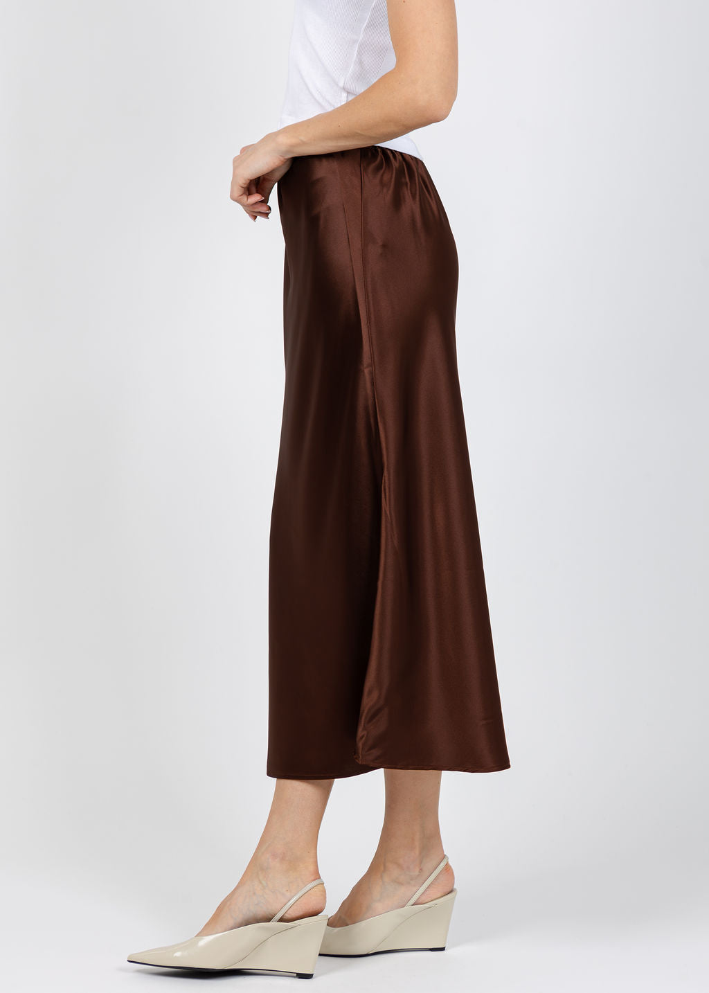 J Society Satin Long Skirt in Chocolate available at Barbara Katz