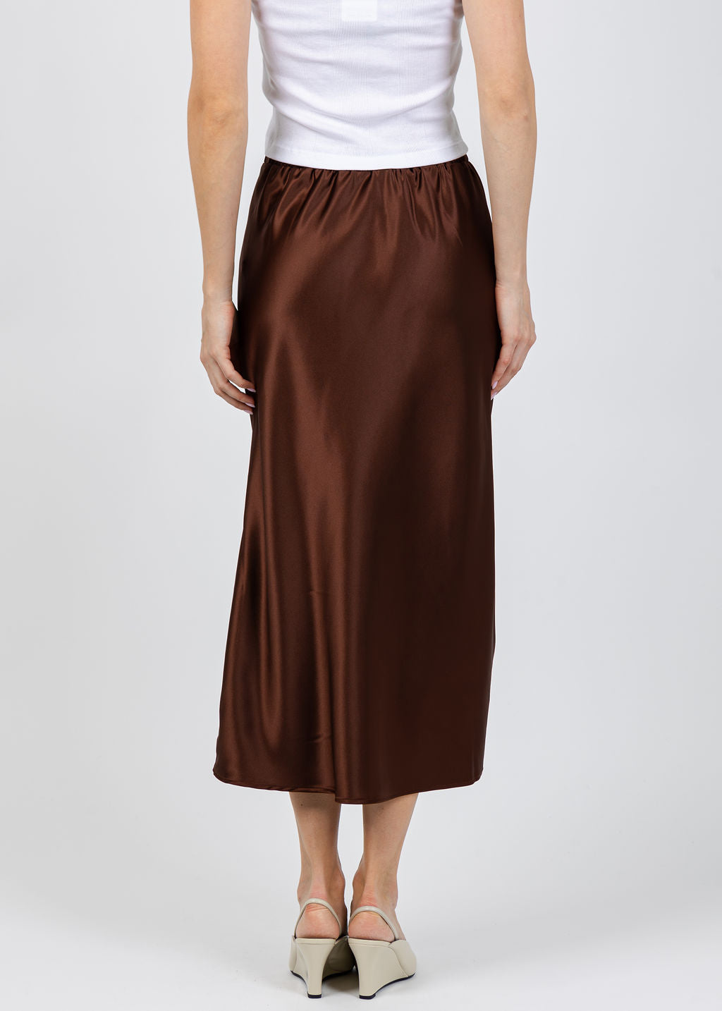J Society Satin Long Skirt in Chocolate available at Barbara Katz