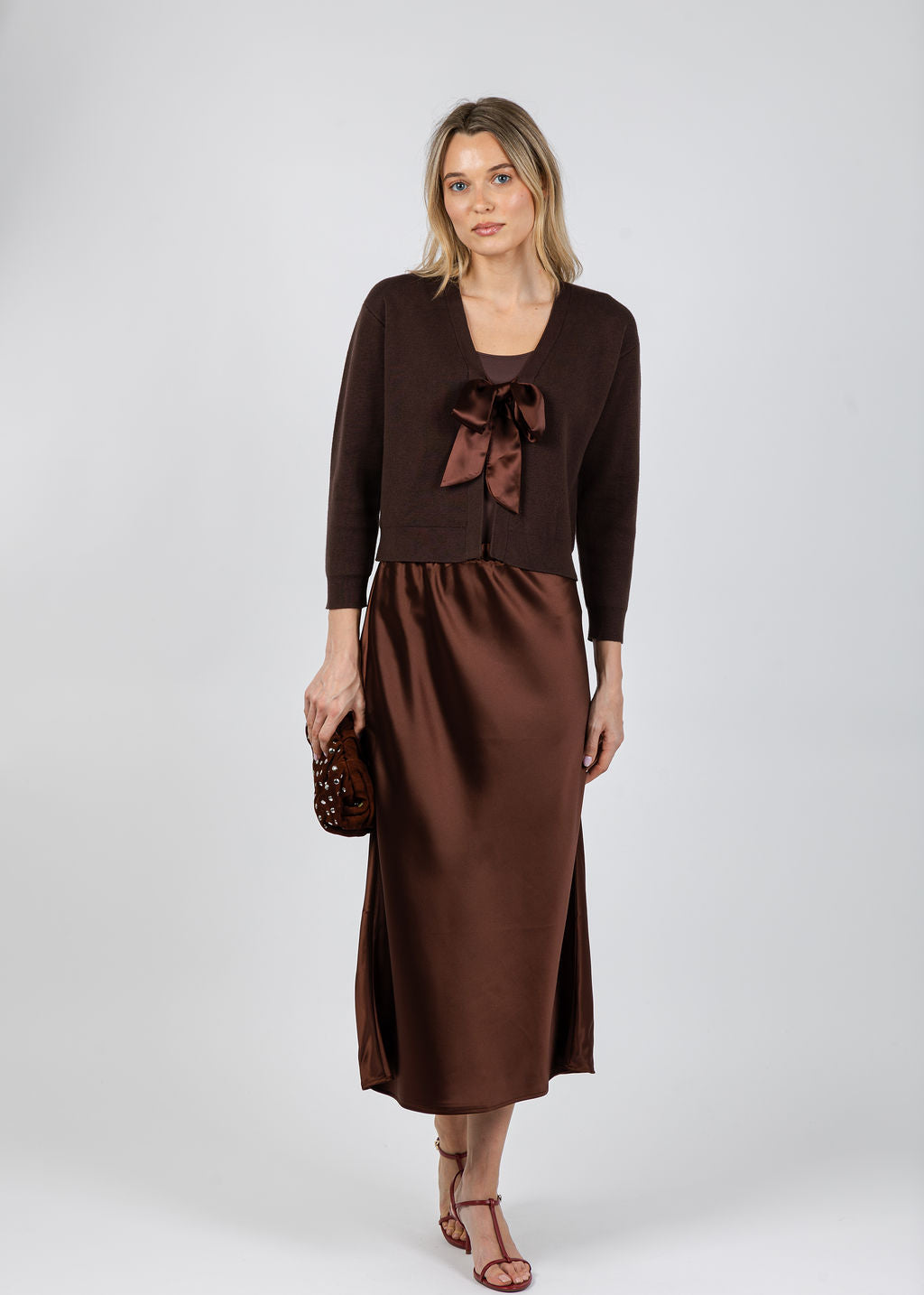 J Society Maya Tie Front Cardigan in Chocolate paired with J Society Satin Long Skirt in Chocolate available at Barbara Katz