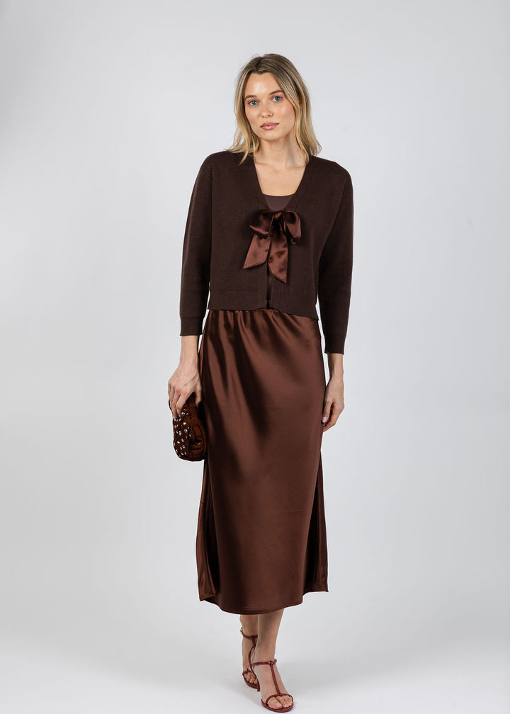 J Society Maya Tie Front Cardigan in Chocolate paired with J Society Satin Long Skirt in Chocolate available at Barbara Katz