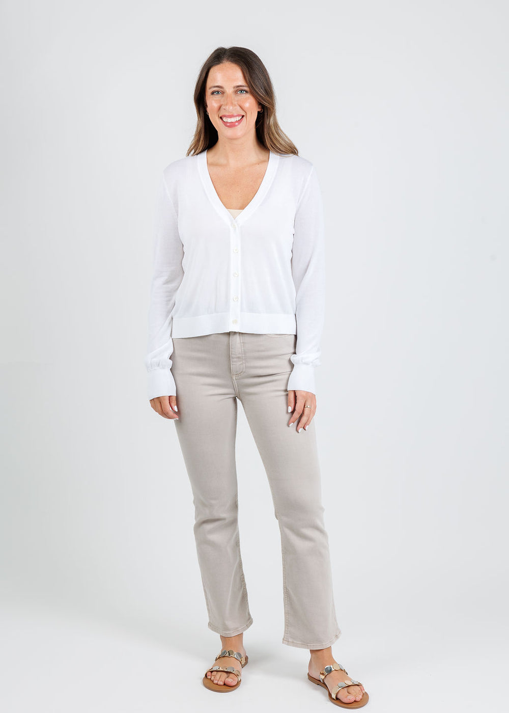 J Society Sheer Cardigan in White paired with Pistola Lennon Crop Flare Jeans in Stone available at Barbara Katz