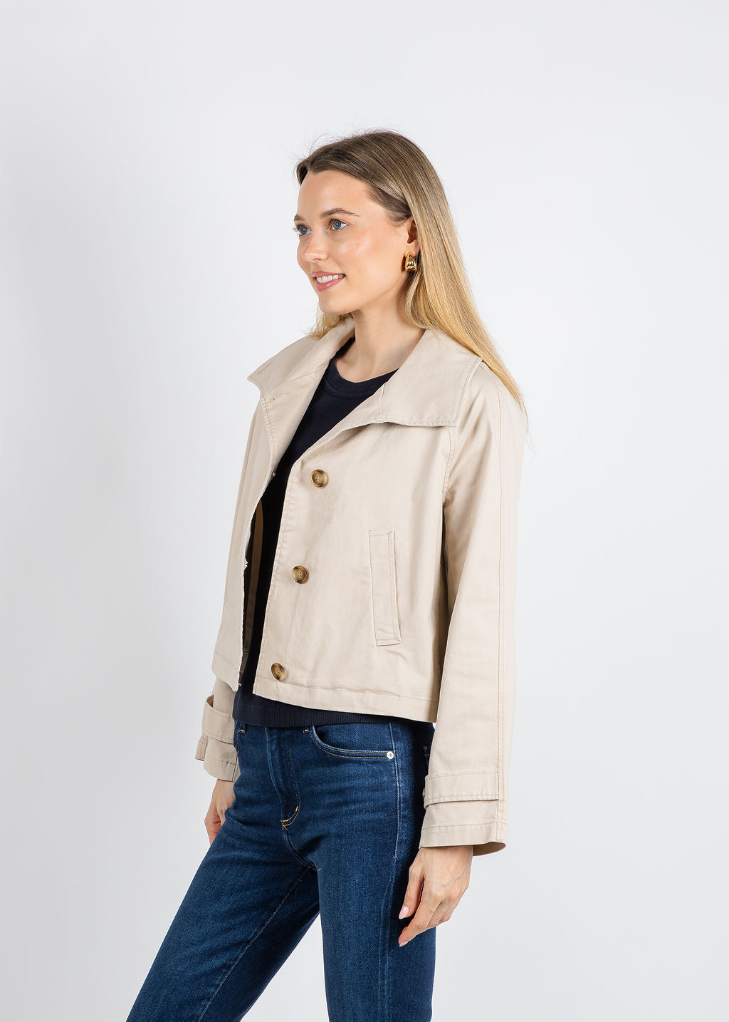 J Society Short Trench Coat in Khaki available at Barbara Katz