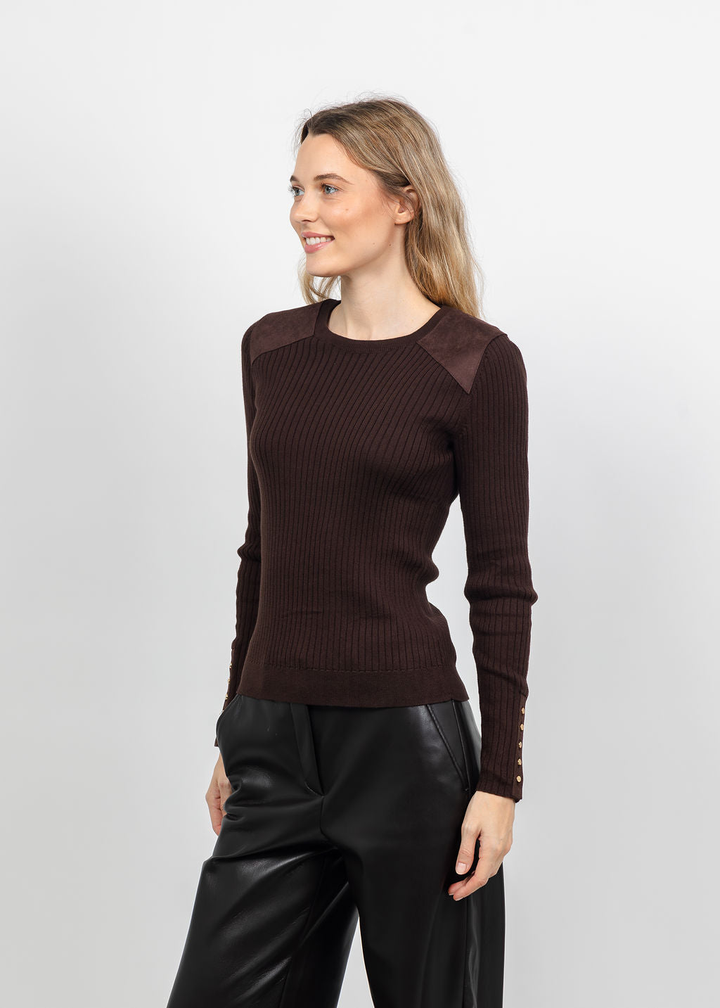 J Society Suede Shoulder Patch Top in Coffee Bean available at Barbara Katz