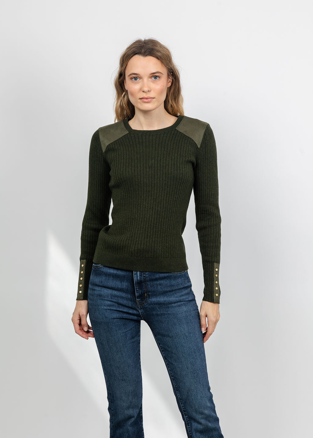 J Society Suede Shoulder Patch Top in Military available at Barbara Katz