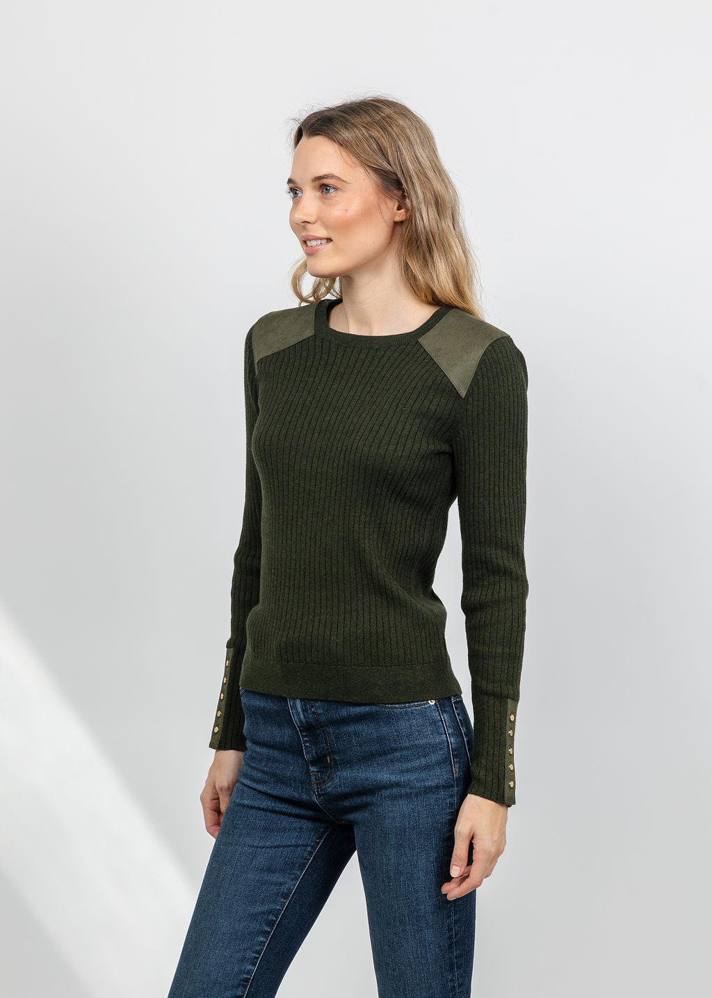 J Society Suede Shoulder Patch Top in Military available at Barbara Katz