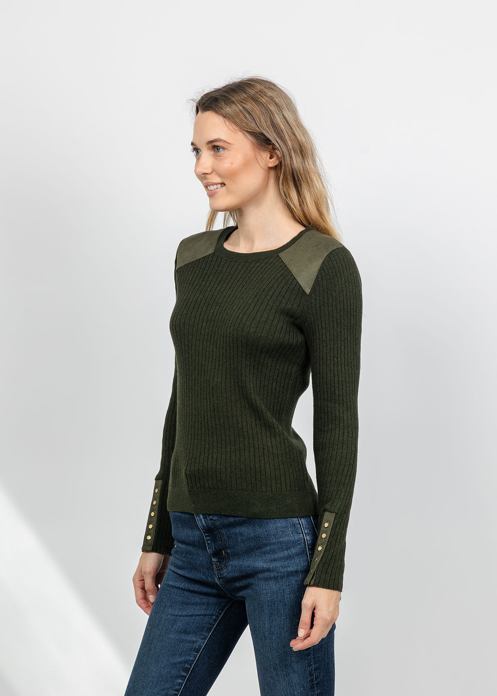 J Society Suede Shoulder Patch Top in Military available at Barbara Katz