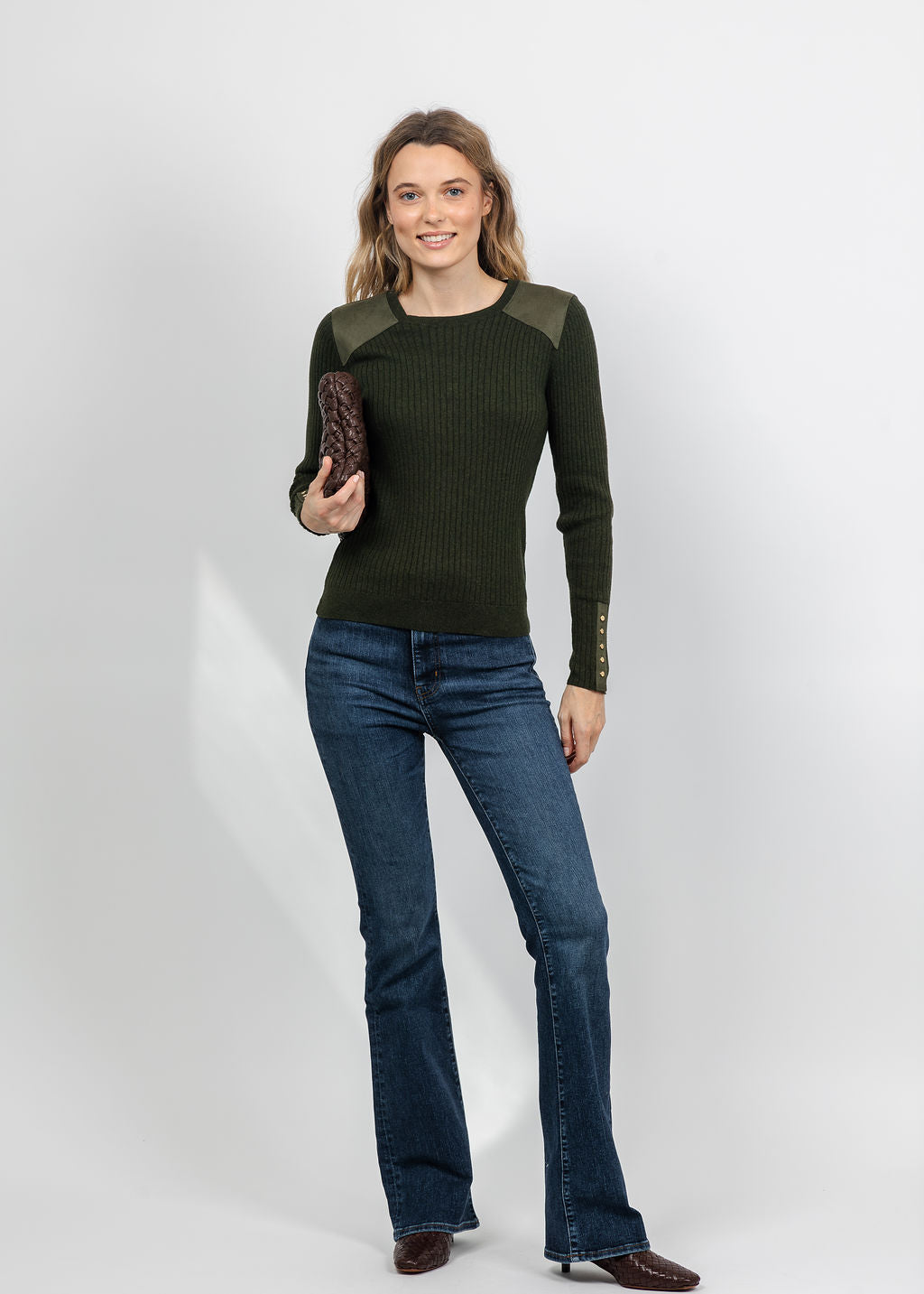 J Society Suede Shoulder Patch Top in Military available at Barbara Katz