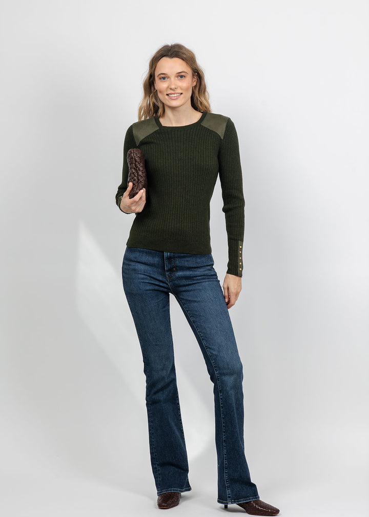 J Society Suede Shoulder Patch Top in Military available at Barbara Katz