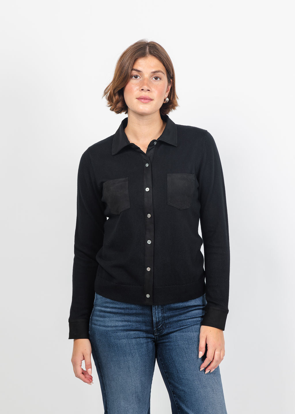 J Society Suede Trim Button Down in Black available at Barbara Katz