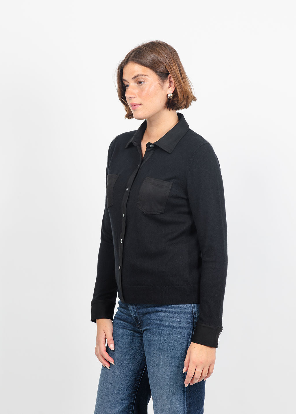 J Society Suede Trim Button Down in Black available at Barbara Katz