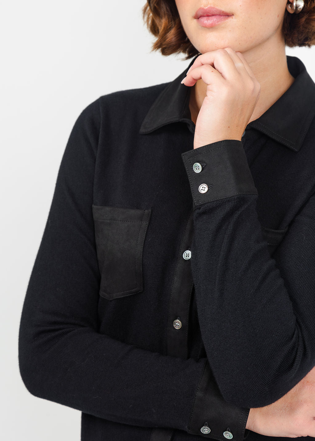 J Society Suede Trim Button Down in Black available at Barbara Katz