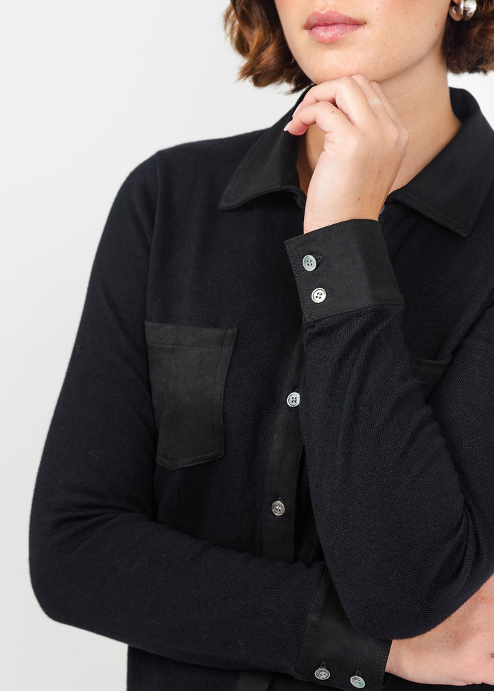 J Society Suede Trim Button Down in Black available at Barbara Katz