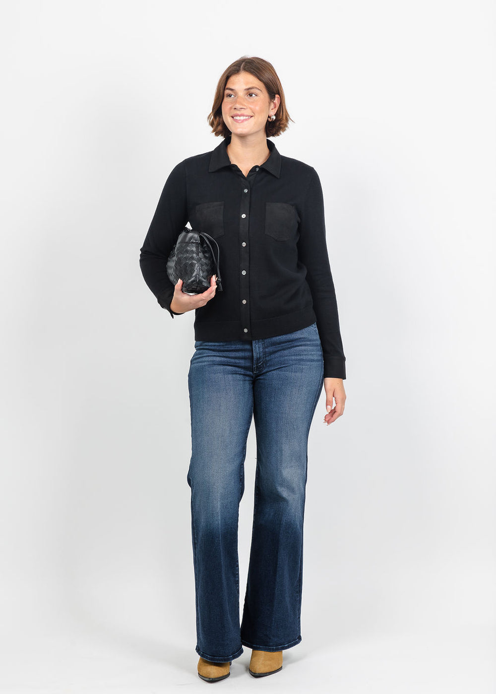 J Society Suede Trim Button Down in Black available at Barbara Katz