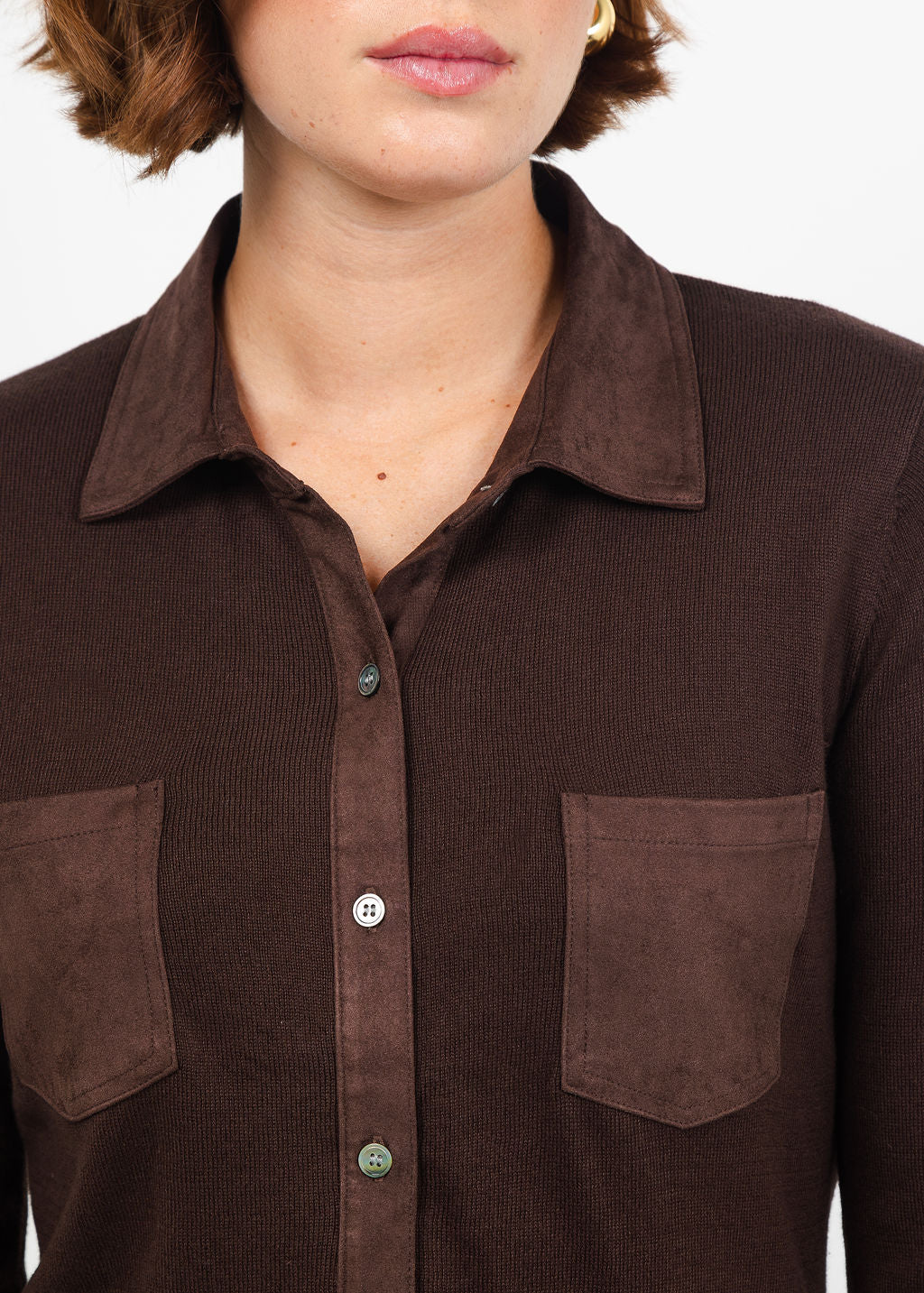 J Society Suede Trim Button Down in Coffee Bean available at Barbara Katz