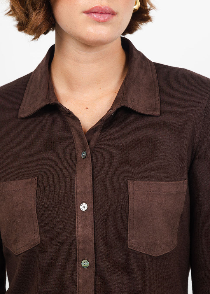 J Society Suede Trim Button Down in Coffee Bean available at Barbara Katz