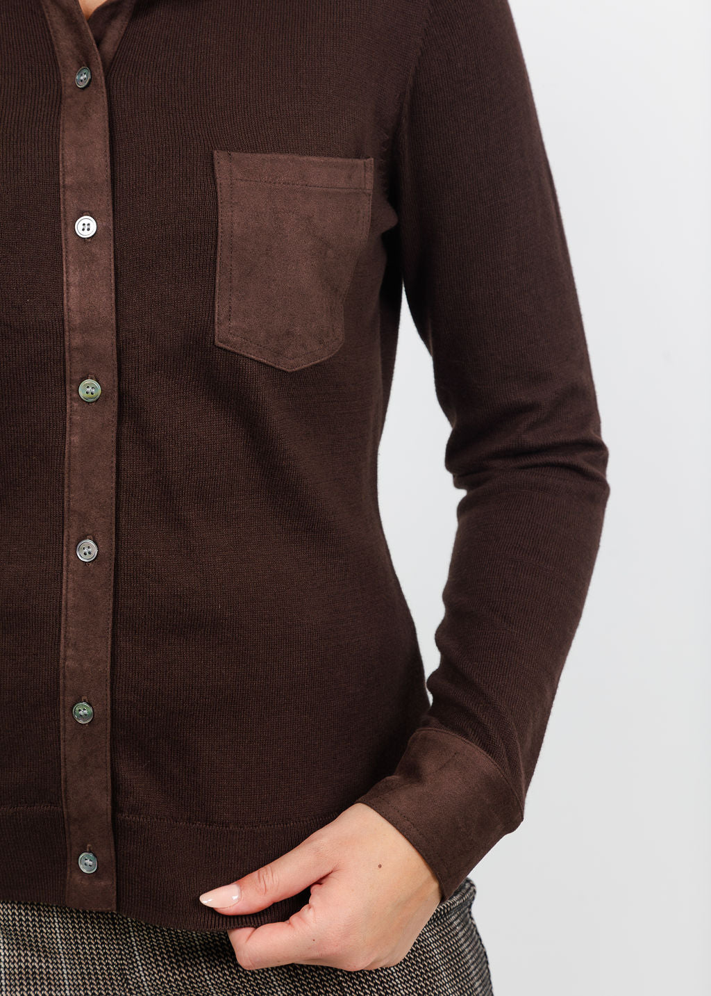 J Society Suede Trim Button Down in Coffee Bean available at Barbara Katz