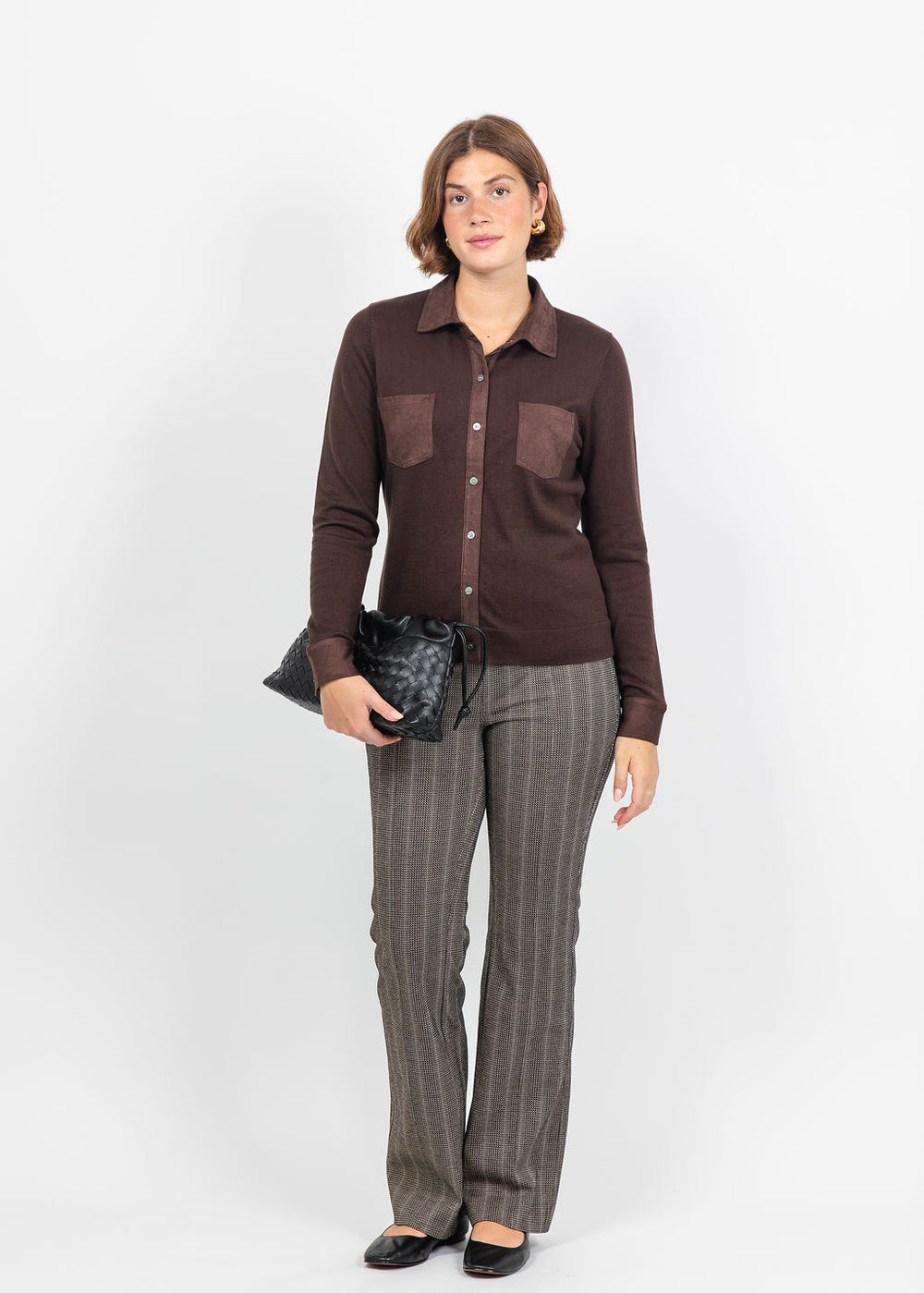 J Society Suede Trim Button Down in Coffee Bean paired with Lysse Patterned Pintuck Ponte Baby Boot Pant in Textured Herringbone available at Barbara Katz