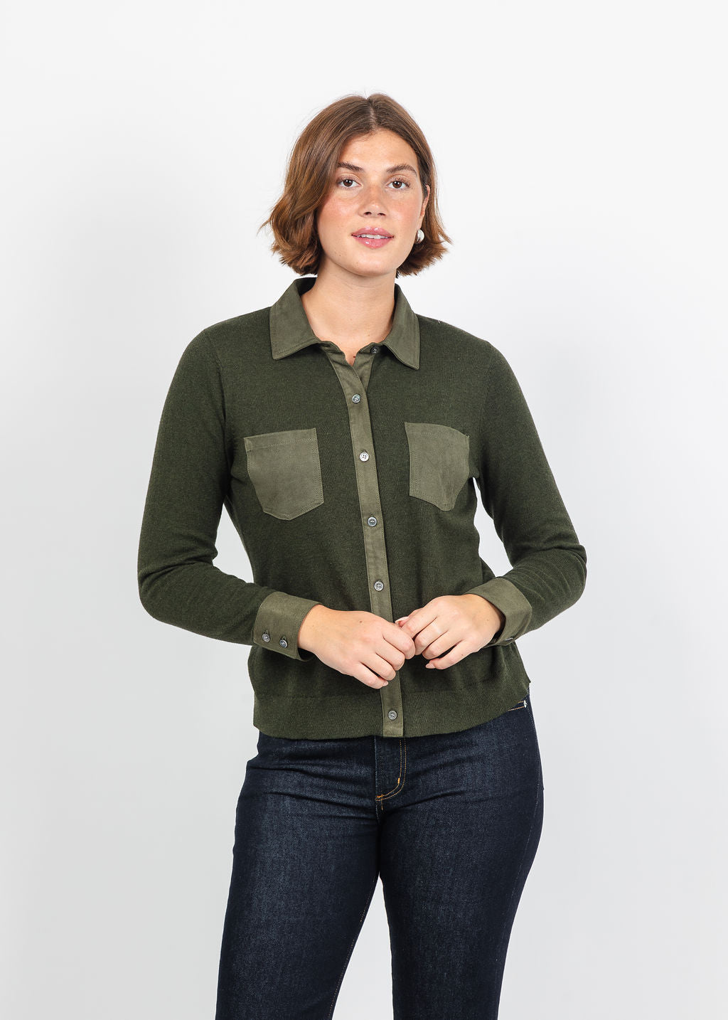 J Society Suede Trim Button Down in Military available at Barbara Katz