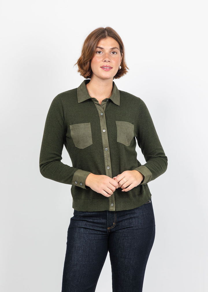 J Society Suede Trim Button Down in Military available at Barbara Katz