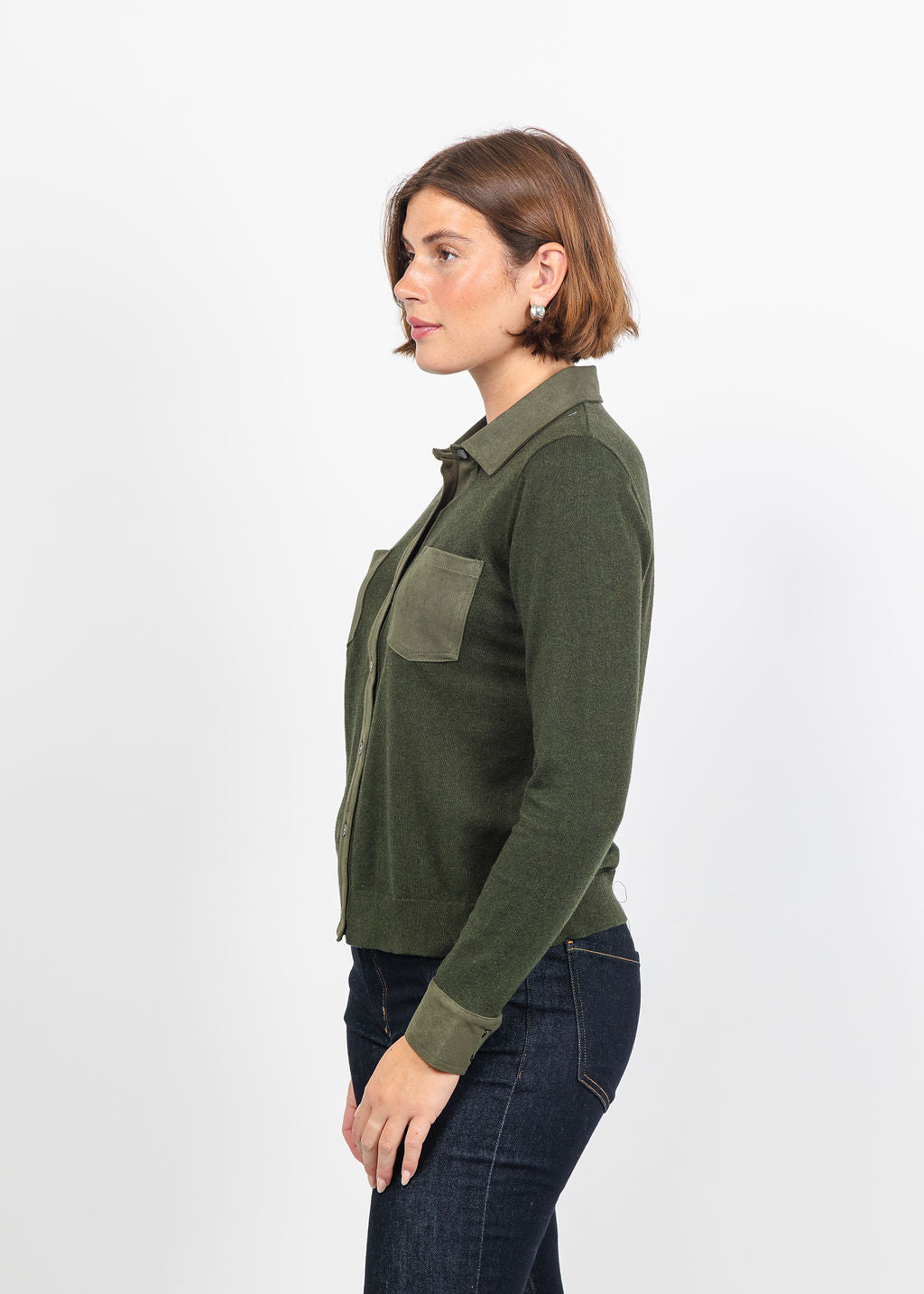 J Society Suede Trim Button Down in Military available at Barbara Katz