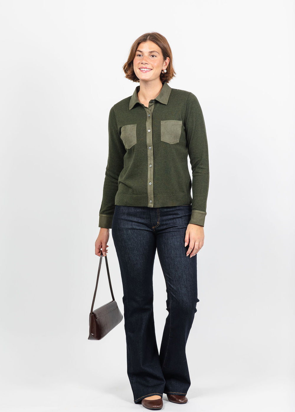 J Society Suede Trim Button Down in Military available at Barbara Katz