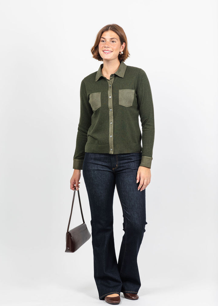 J Society Suede Trim Button Down in Military available at Barbara Katz