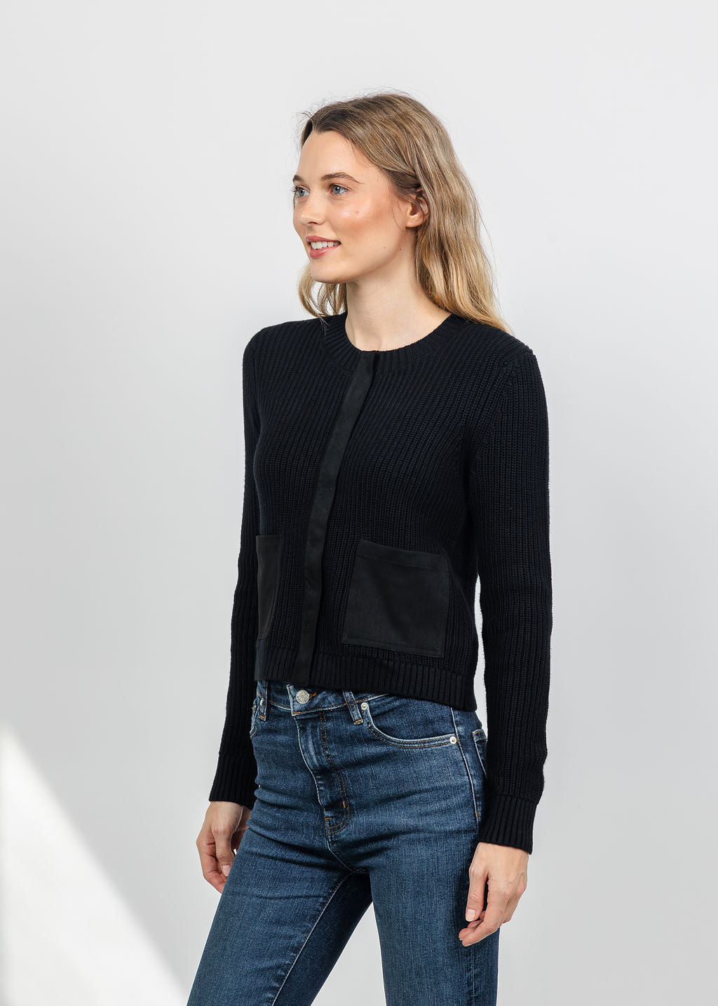 J Society Suede Trim Shaker Cardigan in Black available at Barbara Katz