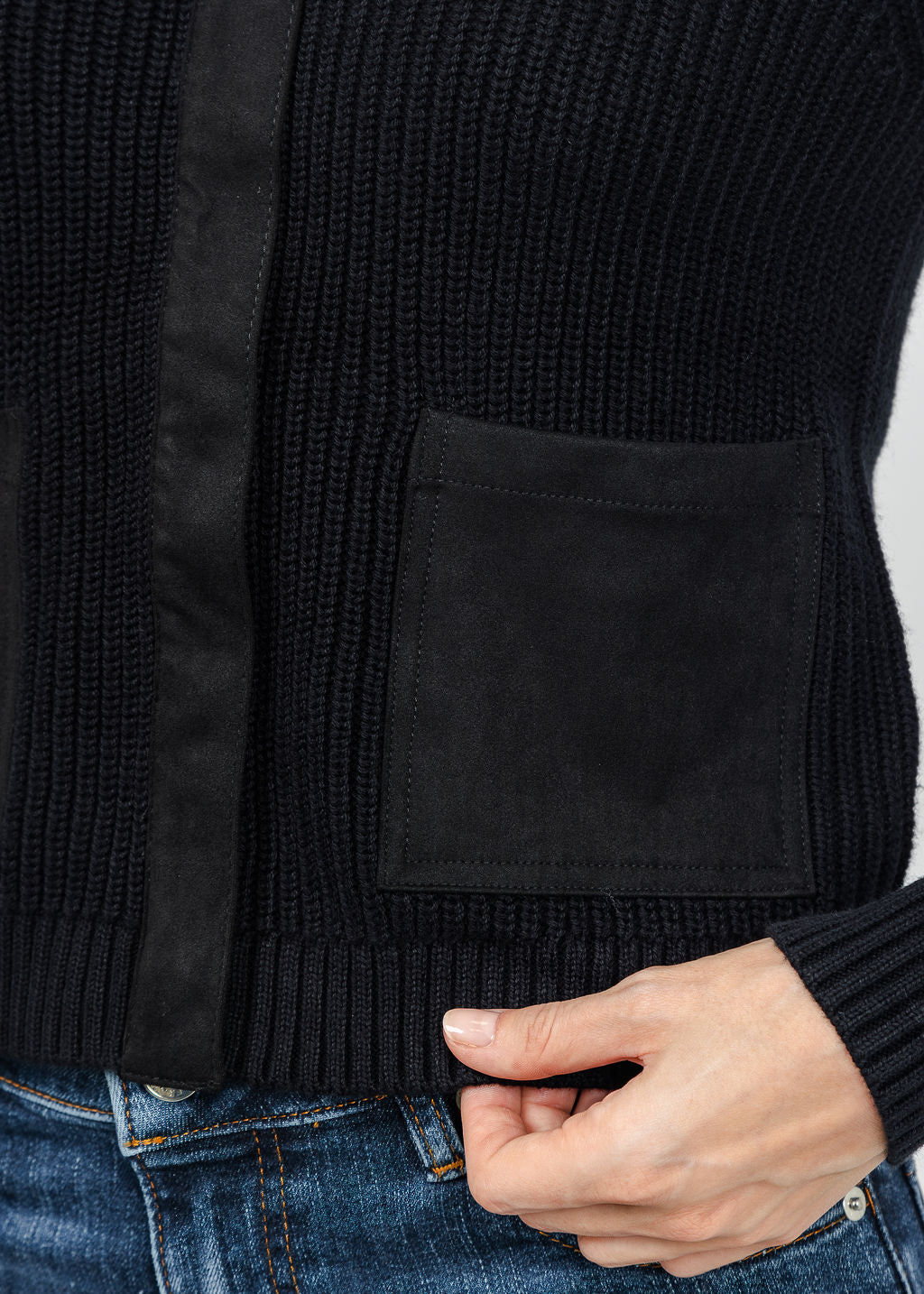 J Society Suede Trim Shaker Cardigan in Black available at Barbara Katz
