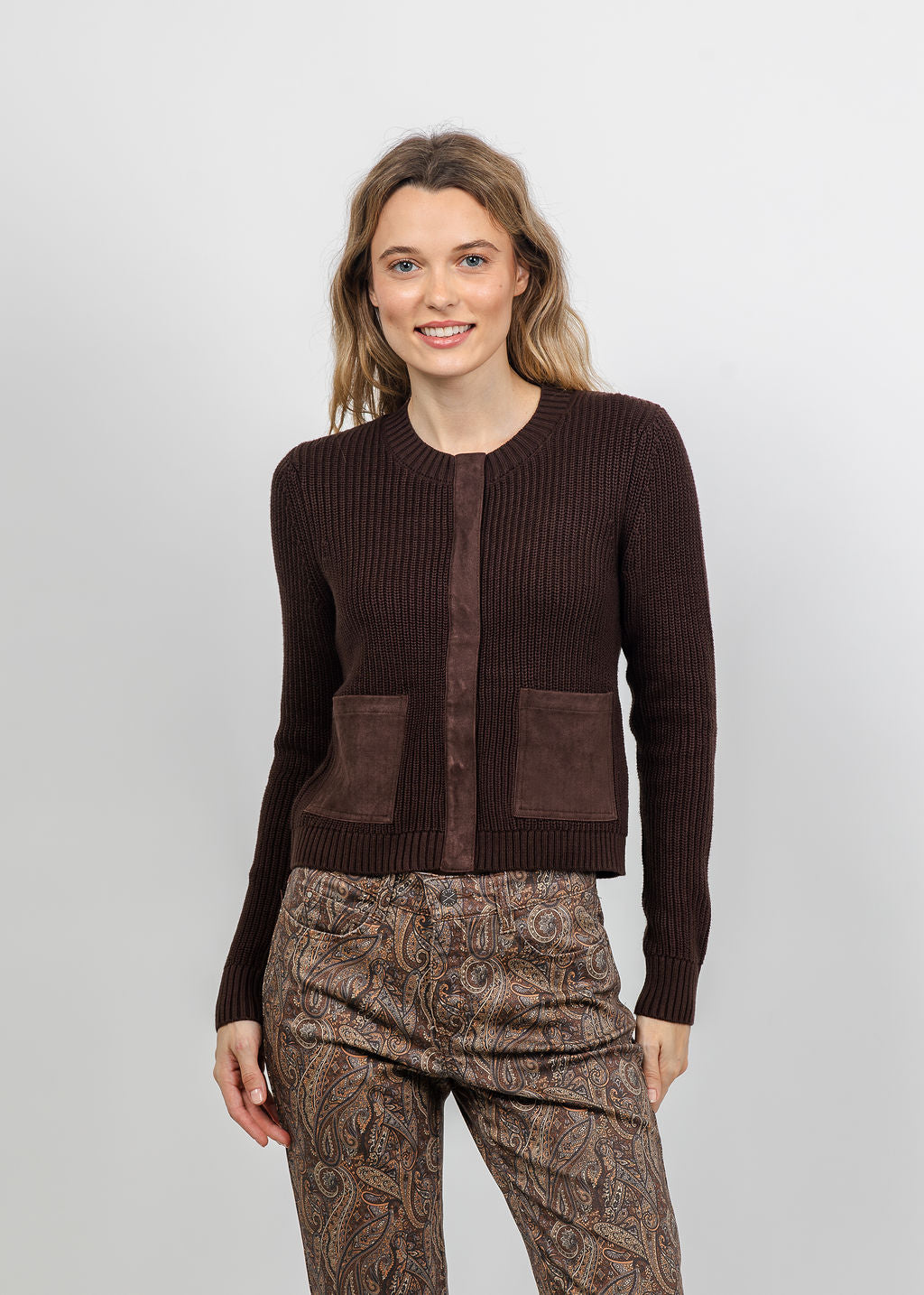 J Society Suede Trim Shaker Cardigan in Coffee Bean available at Barbara Katz
