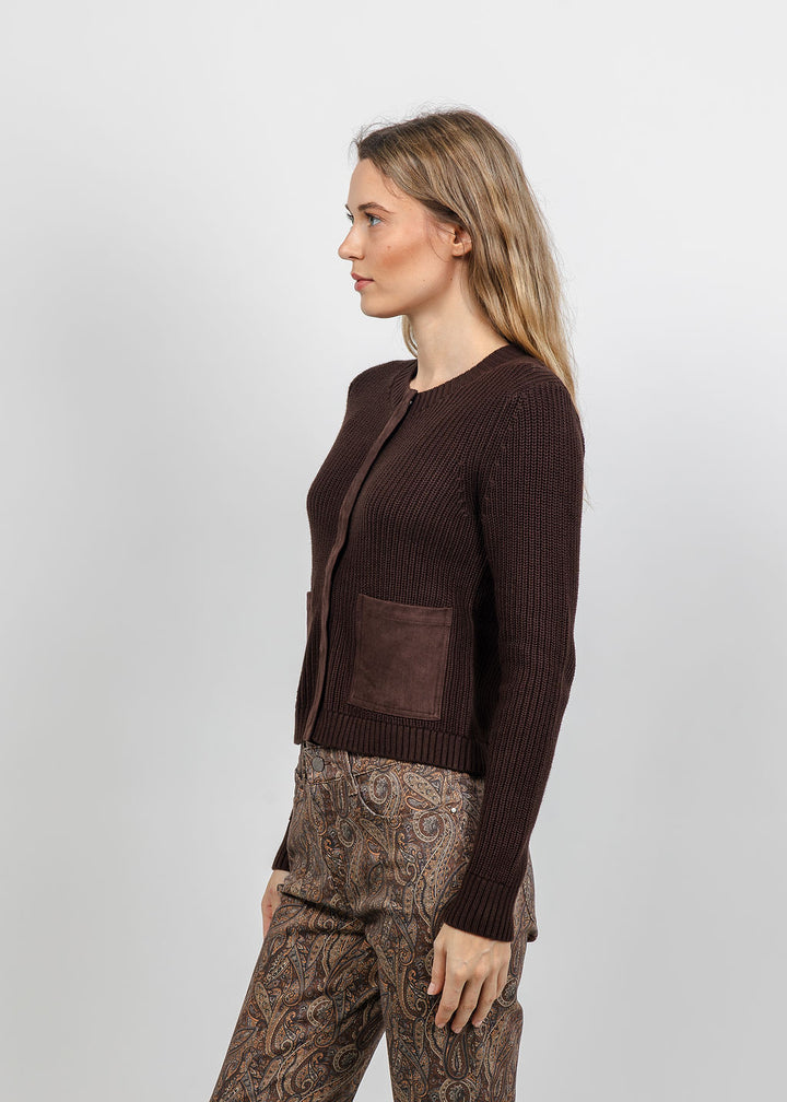 J Society Suede Trim Shaker Cardigan in Coffee Bean available at Barbara Katz