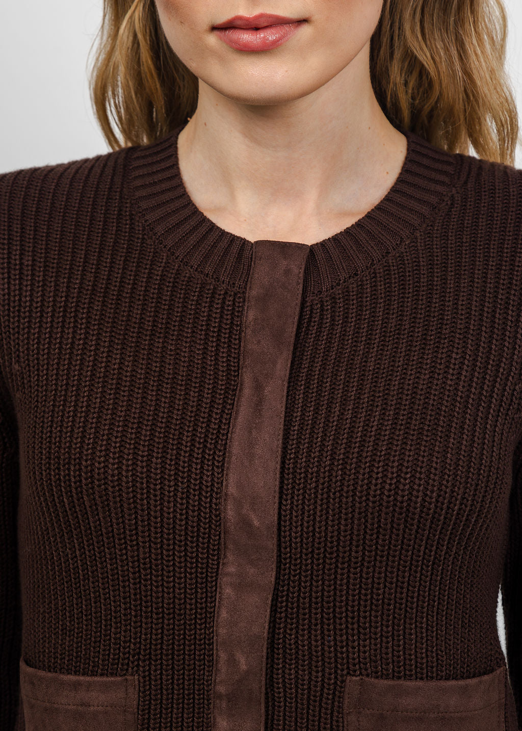 J Society Suede Trim Shaker Cardigan in Coffee Bean available at Barbara Katz