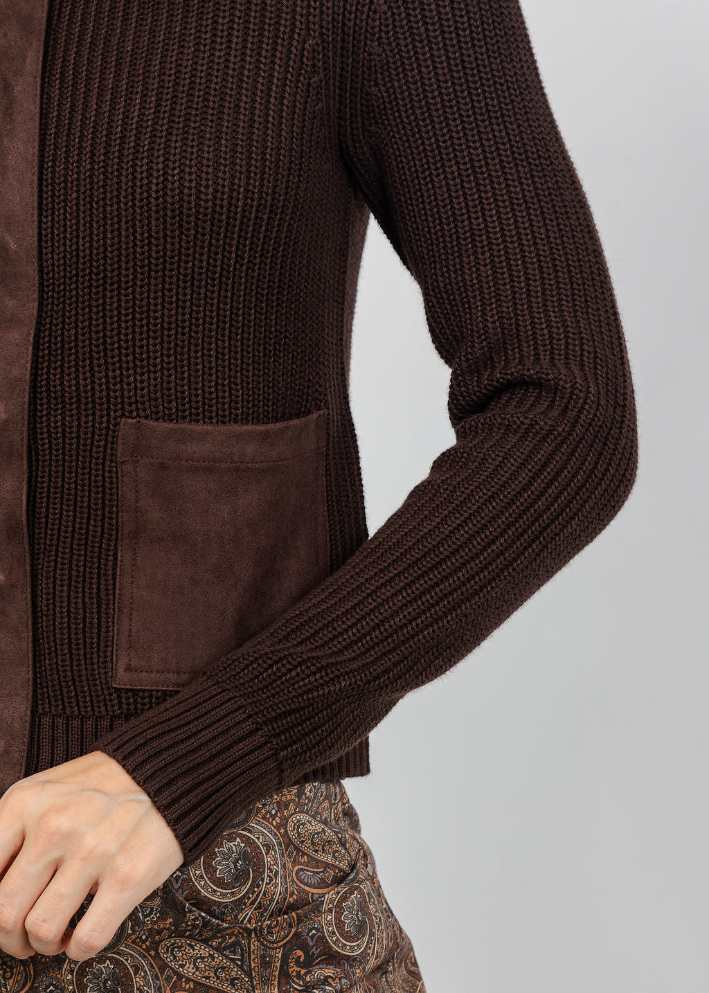 J Society Suede Trim Shaker Cardigan in Coffee Bean available at Barbara Katz