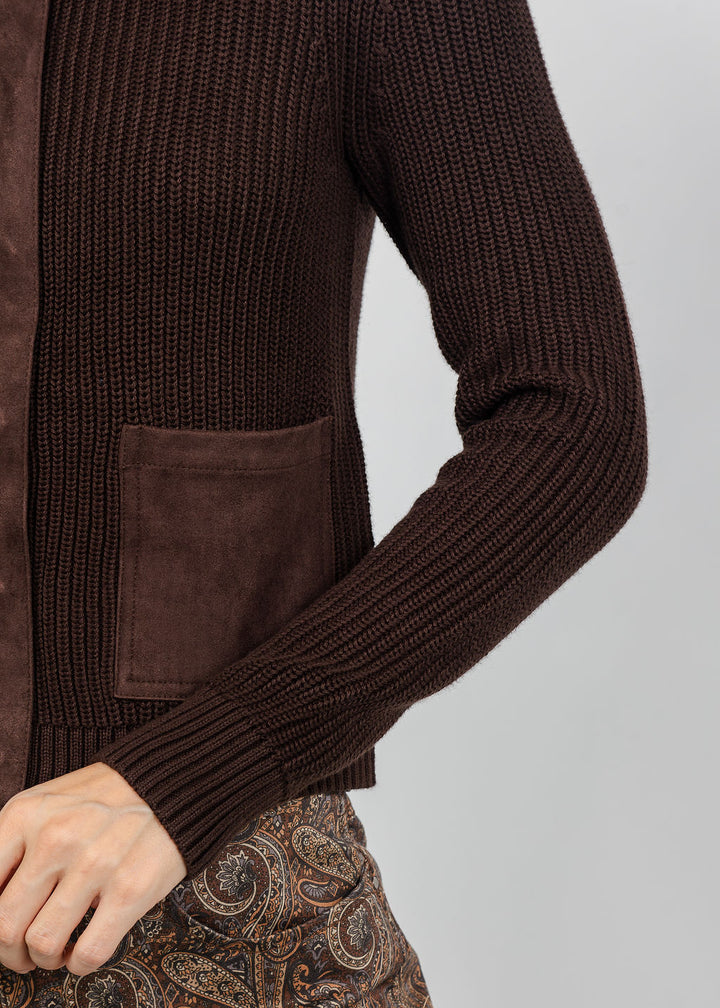 J Society Suede Trim Shaker Cardigan in Coffee Bean available at Barbara Katz