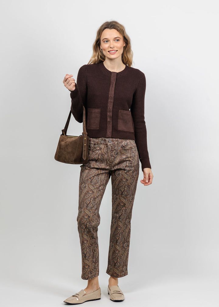 J Society Suede Trim Shaker Cardigan in Coffee Bean paired wtih MAC Dream Crop Jeans 27" in Paisley Print available at Barbara Katz