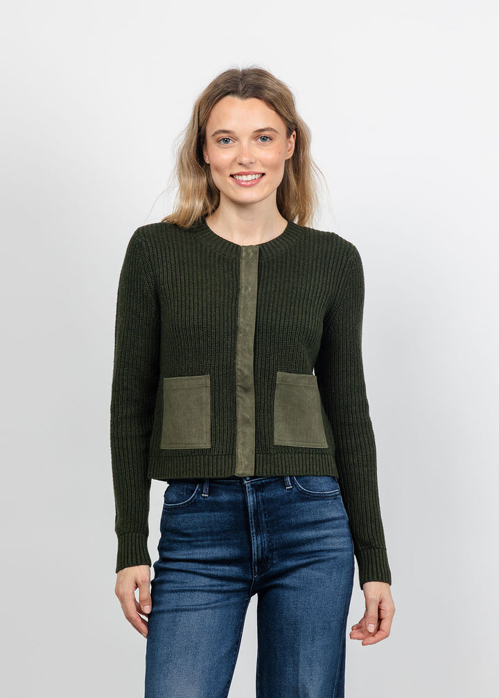 J Society Suede Trim Shaker Cardigan in Military available at Barbara Katz