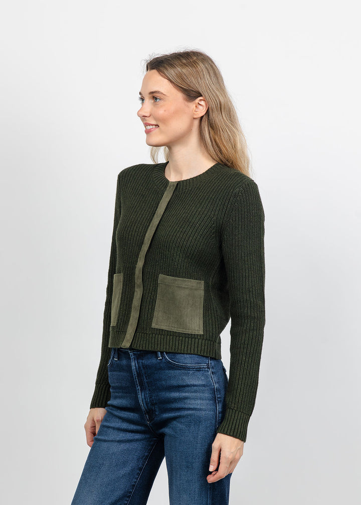 J Society Suede Trim Shaker Cardigan in Military available at Barbara Katz