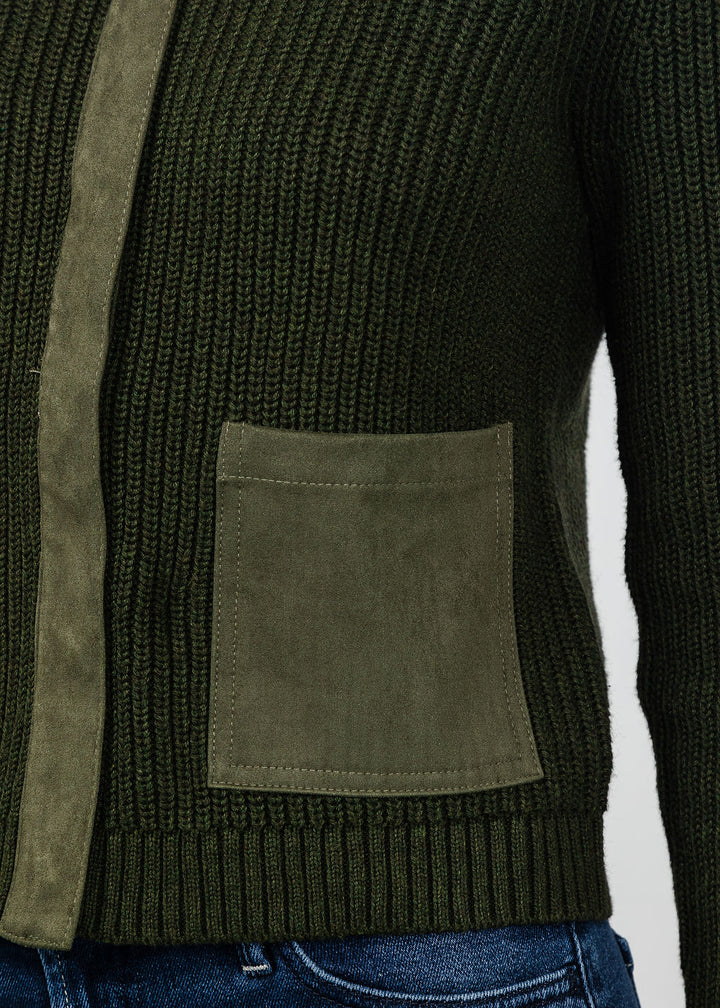 J Society Suede Trim Shaker Cardigan in Military available at Barbara Katz
