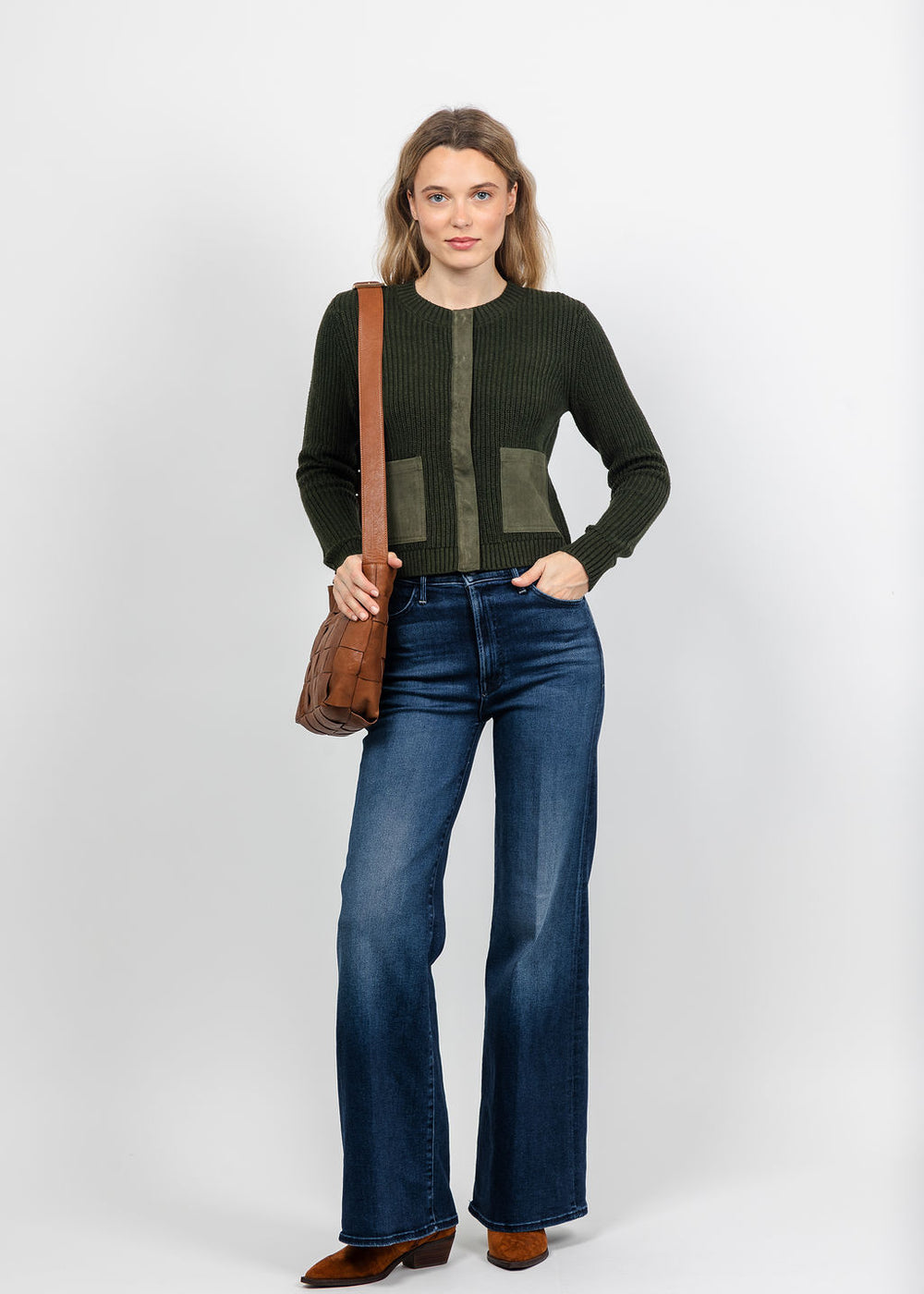 J Society Suede Trim Shaker Cardigan in Military available at Barbara Katz