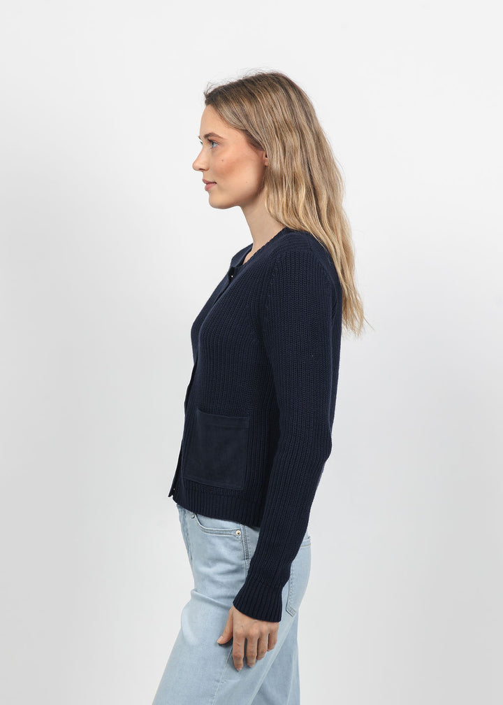 J Society Suede Trim Shaker Cardigan in Navy available at Barbara Katz