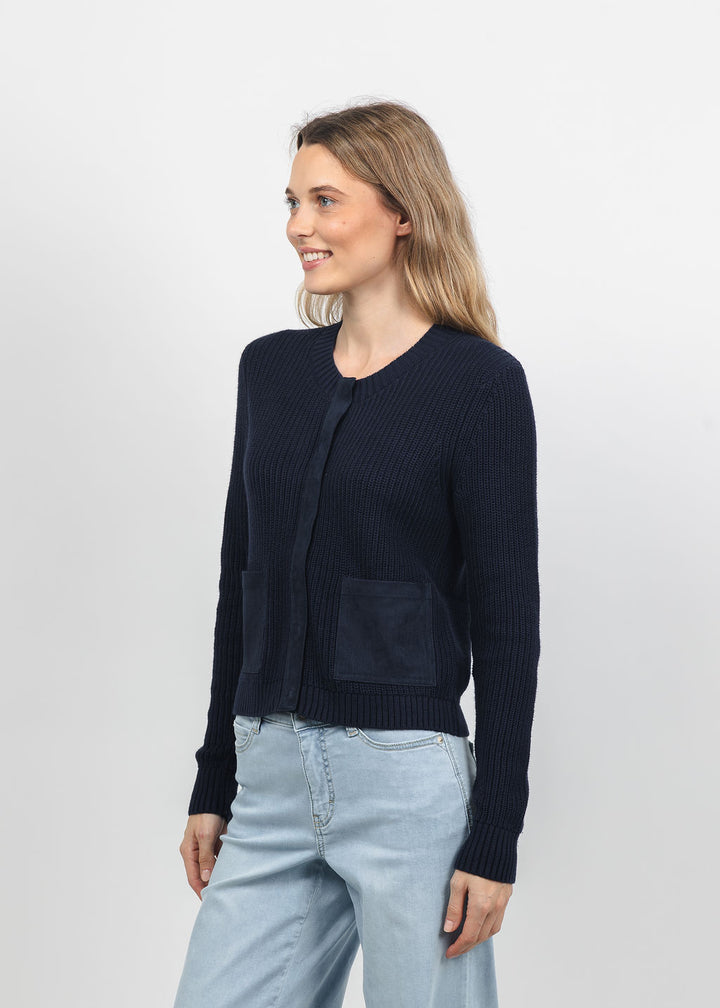 J Society Suede Trim Shaker Cardigan in Navy available at Barbara Katz