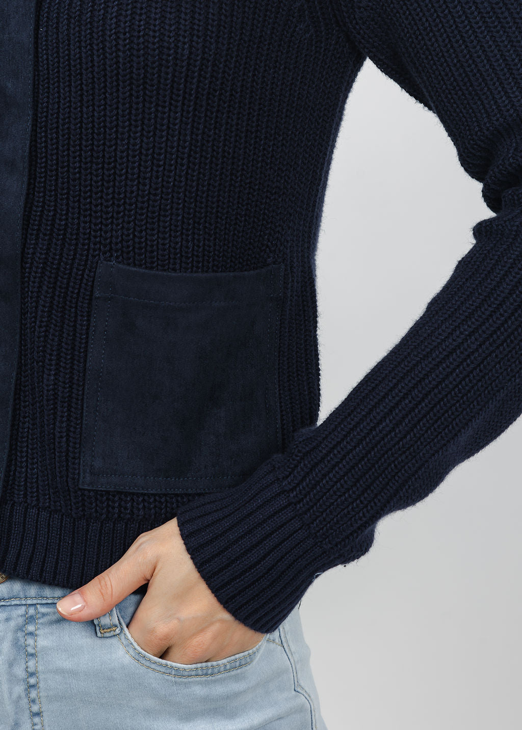 J Society Suede Trim Shaker Cardigan in Navy available at Barbara Katz