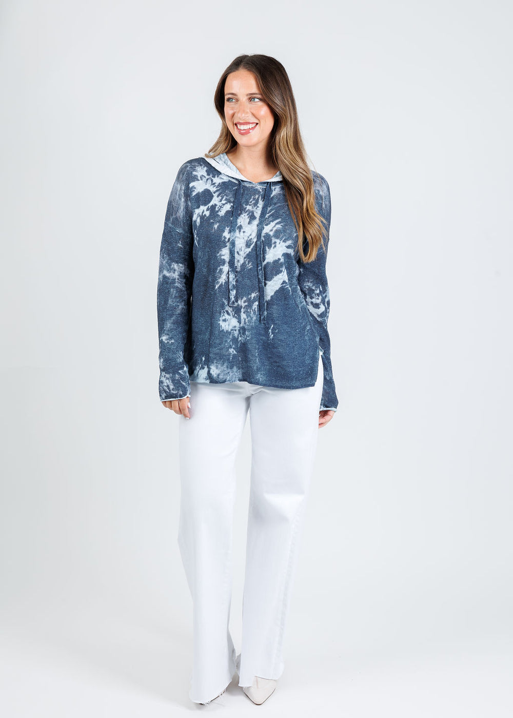 J Society Tie Dye Hoodie in Denim paired with Pistola Izzy High Rise Wide Leg Jeans in White available at Barbara Katz