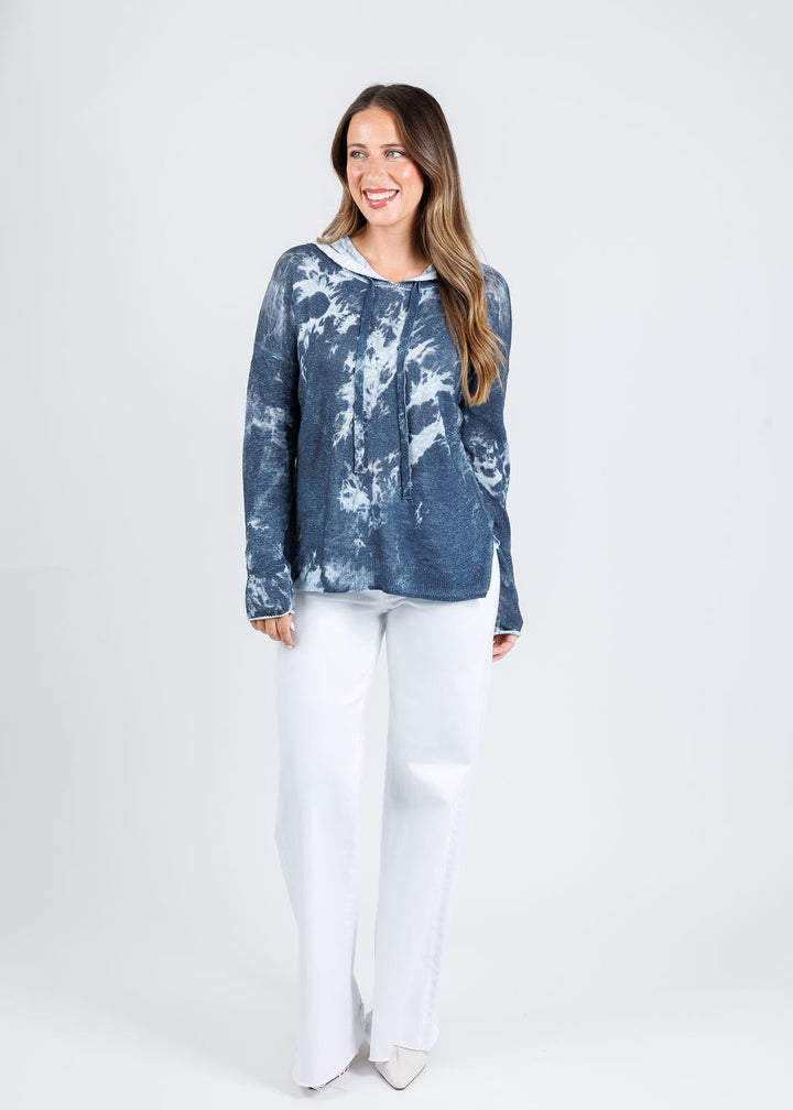 J Society Tie Dye Hoodie in Denim paired with Pistola Izzy High Rise Wide Leg Jeans in White available at Barbara Katz